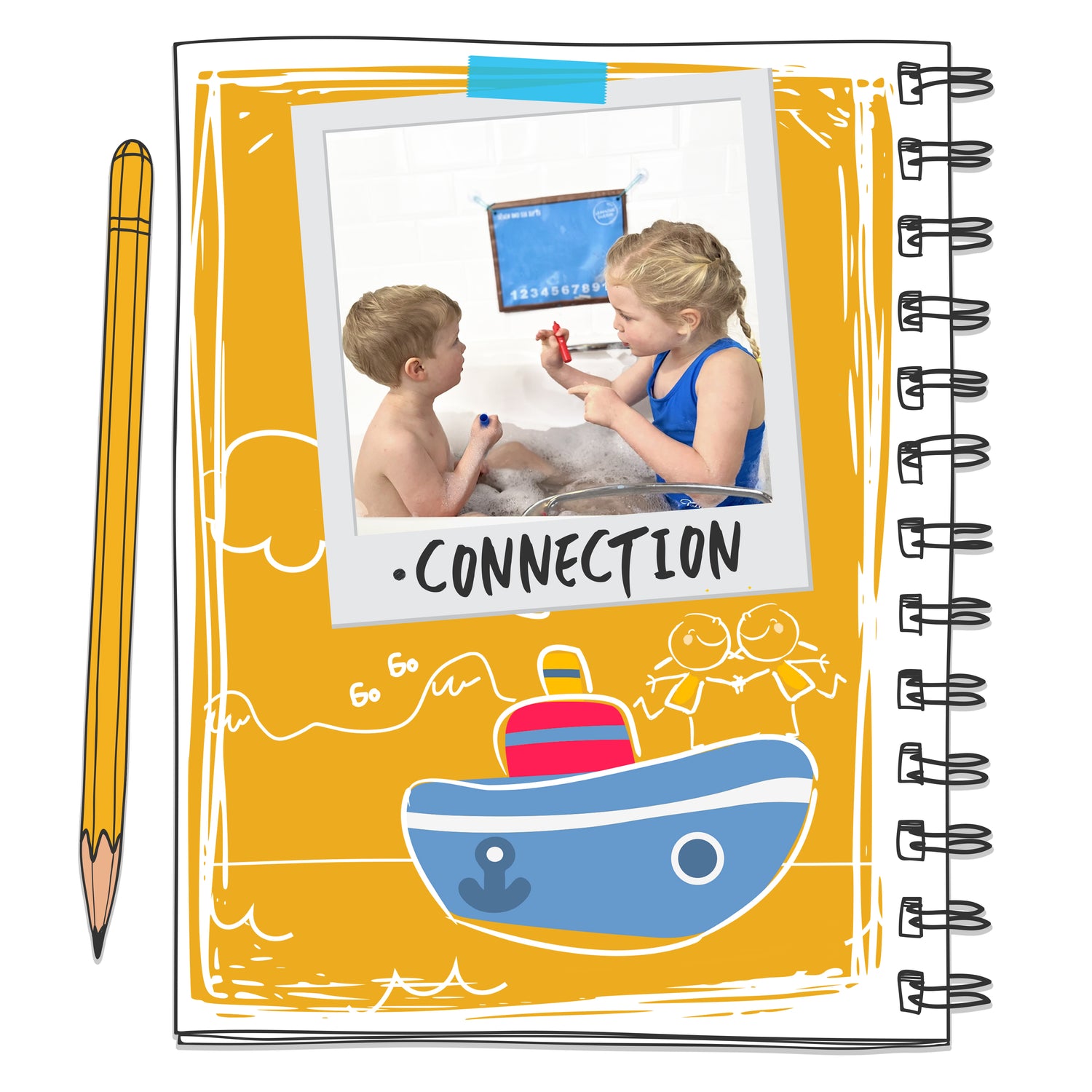 two children playing with Bath Maths educational bath toys, one child holding a bath crayon and teaching the other child how to count