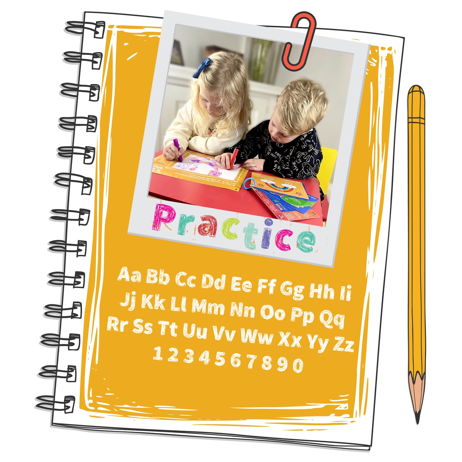 Children practicing letters, numbers, words and phonics with crayons sitting a school desk