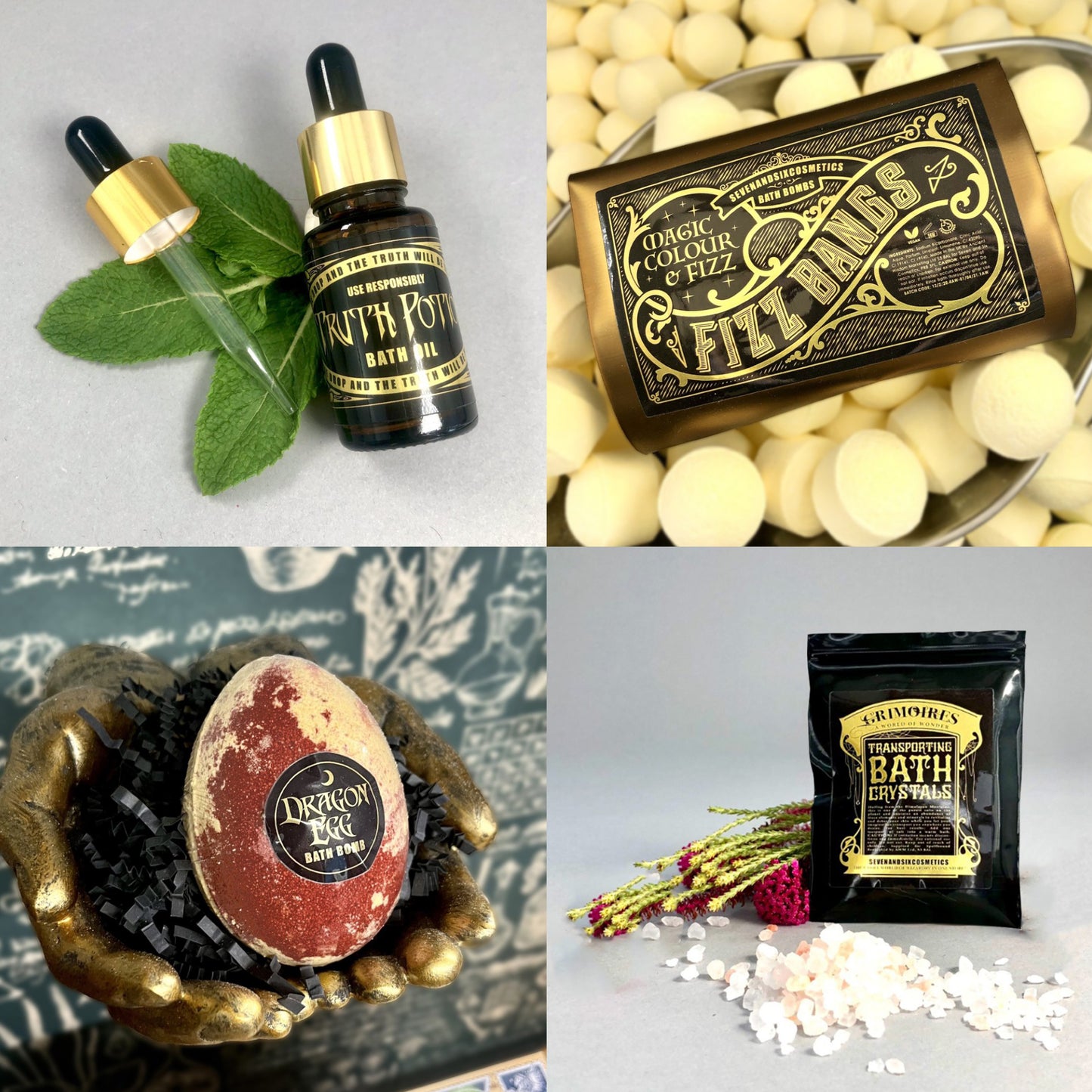 Complete dragon egg bath bomb gift set with dragon egg bath bomb, truth potion bath oil vial, shimmering bath pearl, mini bath bombs and magical bath crystals arranged together.