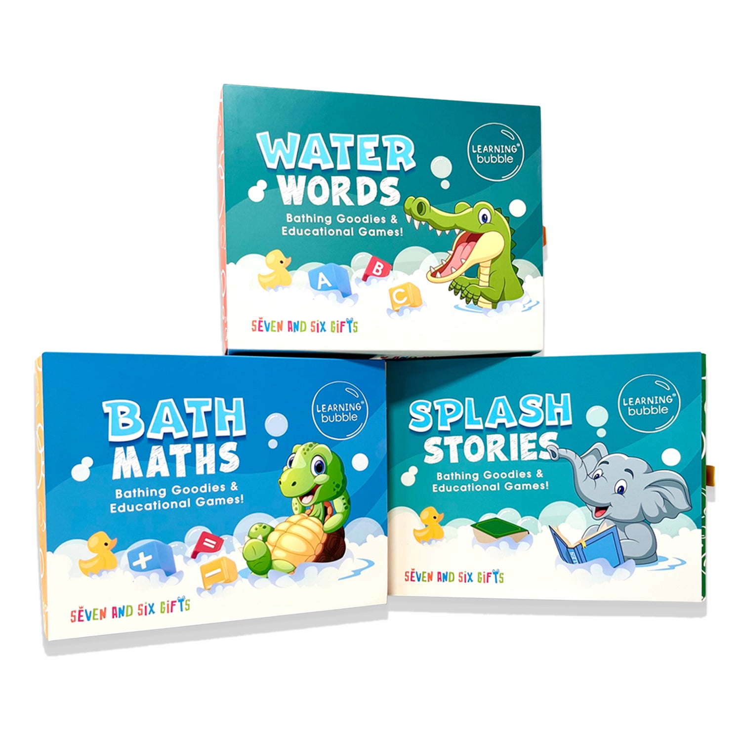 Learning Bubble educational bath toy sets, including 'Water Words' learn words and letters', 'Bath Maths' learn numbers and sums, and 'Splash Stories' learn story telling.