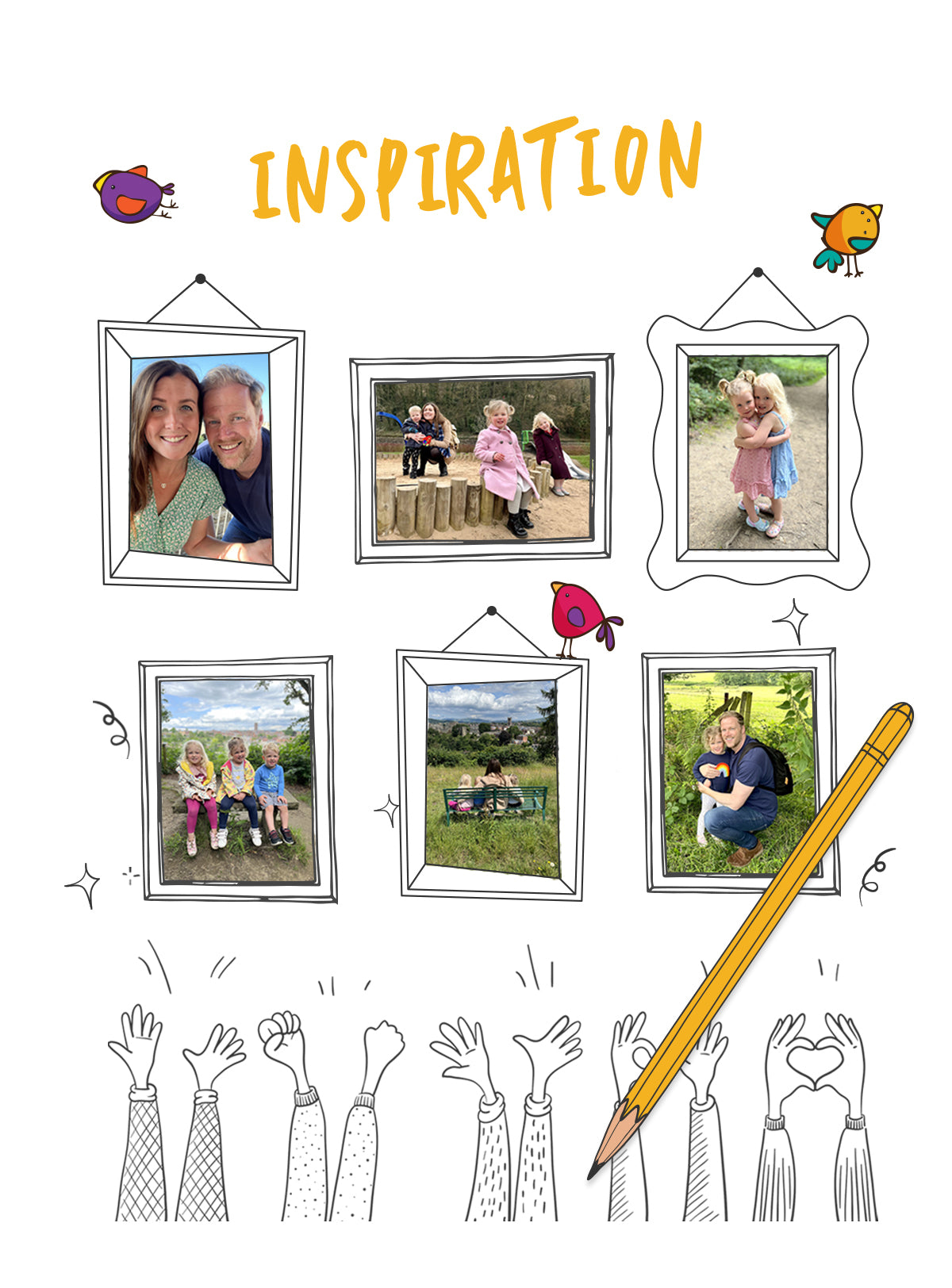 Illustration of photo frames with family pictures and a pencil, with 'Inspiration' behind Seven and Six Gifts.