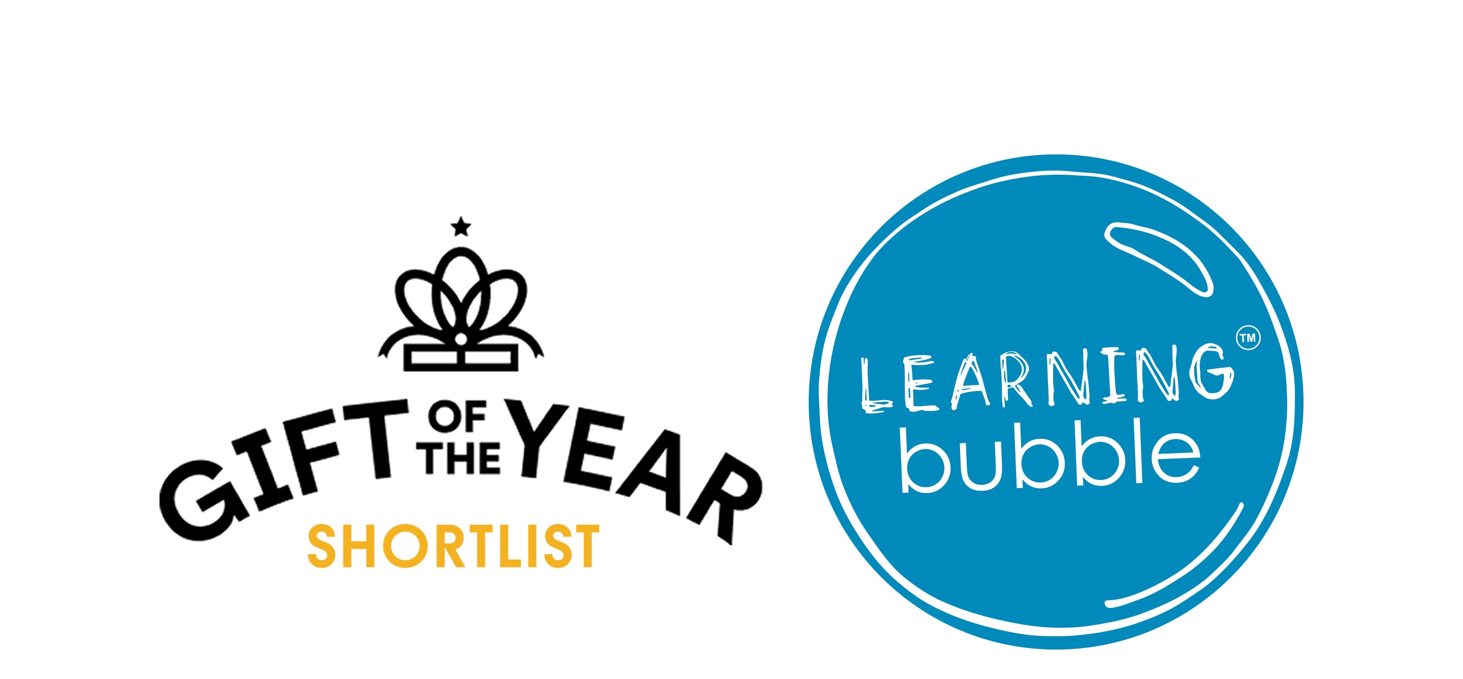 Logos for 'Gift of the Year Shortlist' and 'Learning Bubble' educational bath toys on a white background