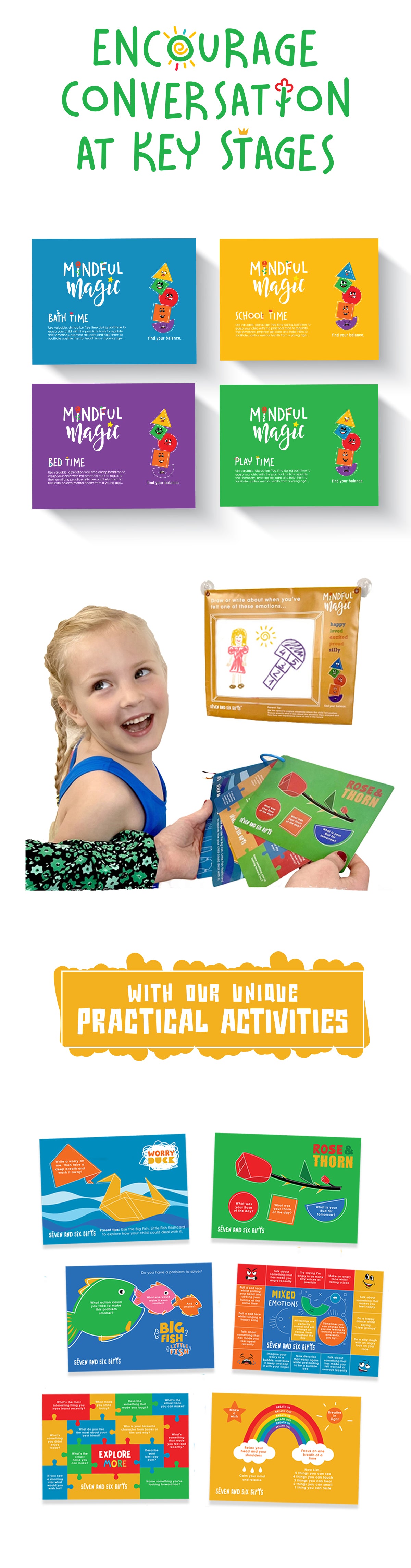 Emotional Learning Gift with colorful flashcards and a happy child interacting with them, promoting mindful Magic conversation and practical activities.