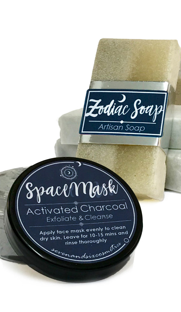 Zodiac soap bar and face mask from Seven and Six Gifts with a label and face mask container on a white background