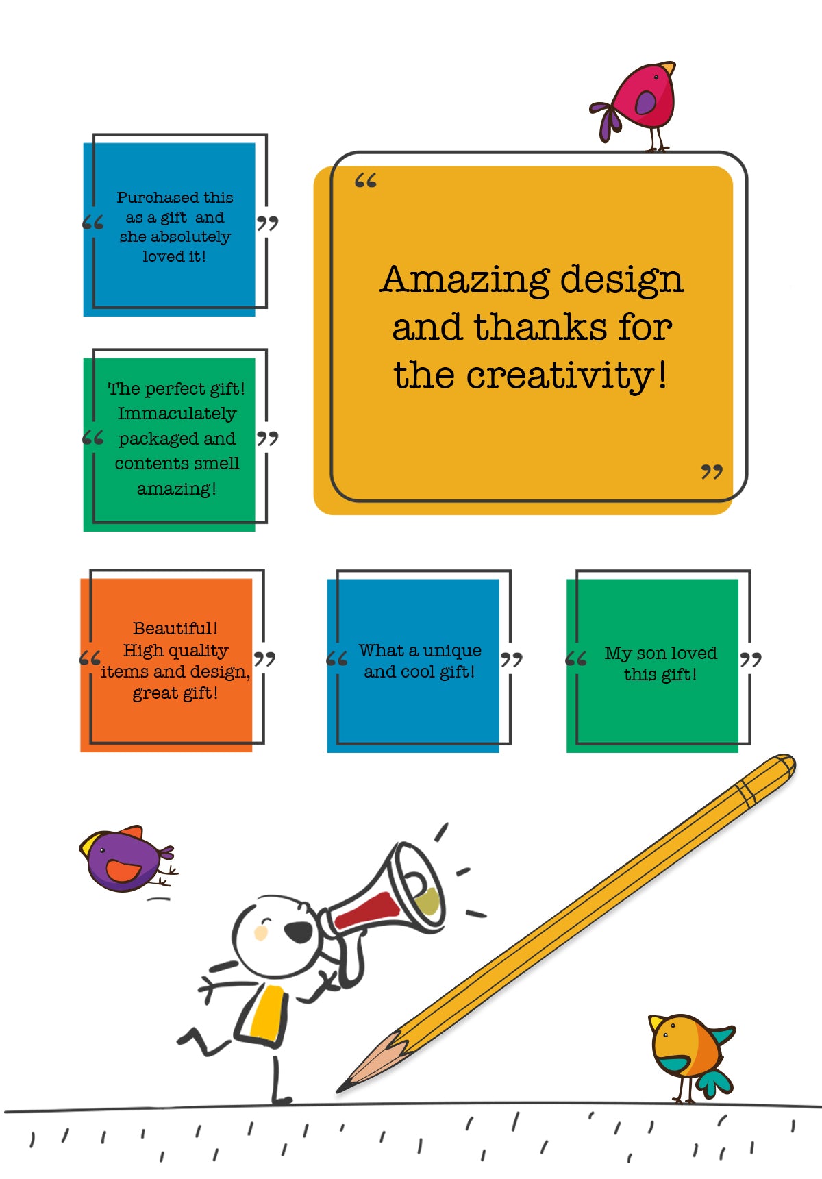Cartoon character with a megaphone and a pencil, surrounded by colorful text boxes with feedback and reviews for seven and Six Gifts, on a white background.
