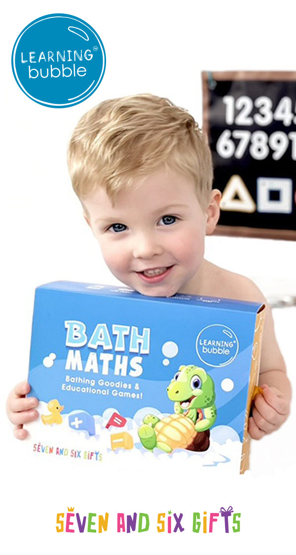 Child holding a 'Bath Maths' educational bath toy with Learning Bubble branding