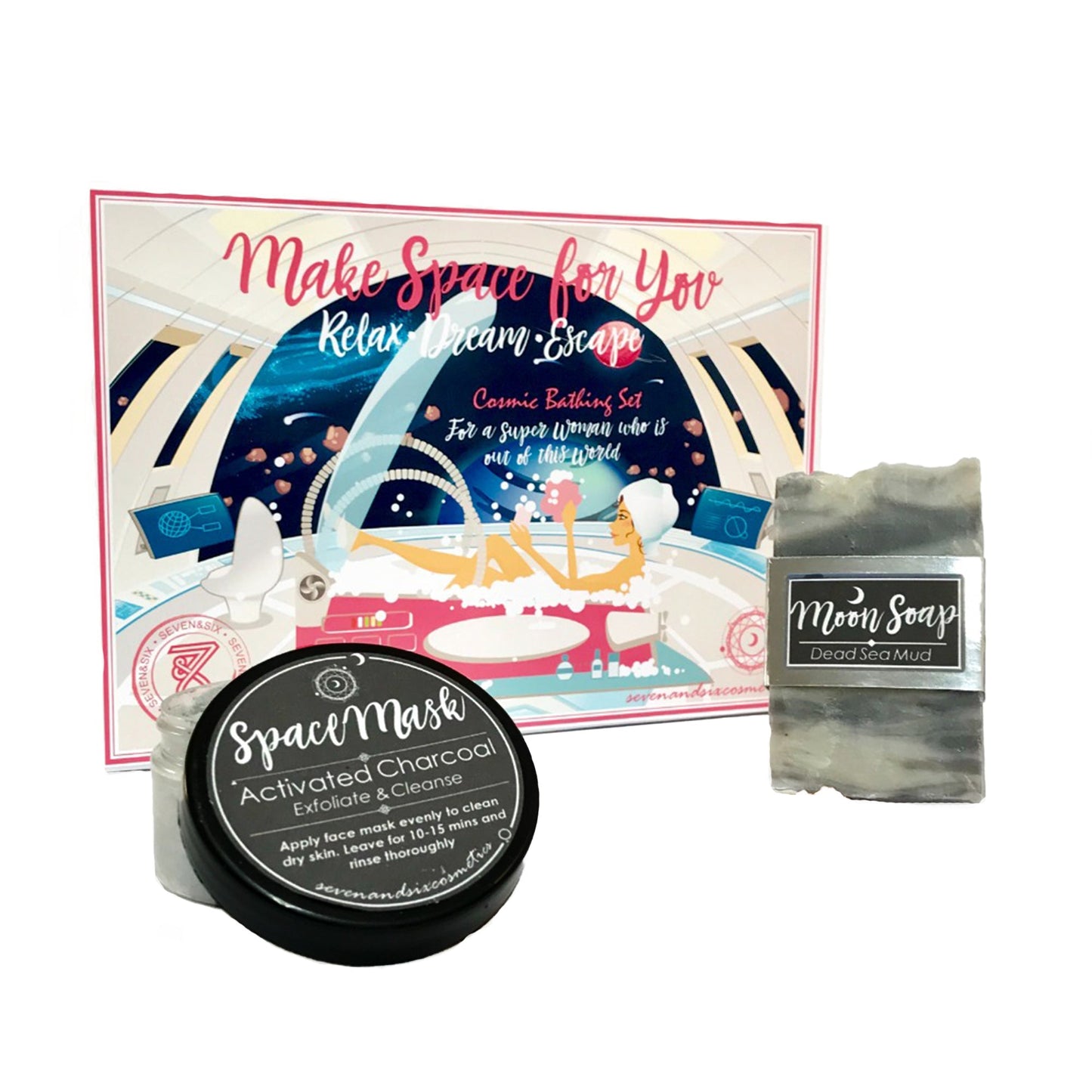Space-themed pamper set featuring a face mask and artisan handmade soap, styled for a relaxing self-care experience