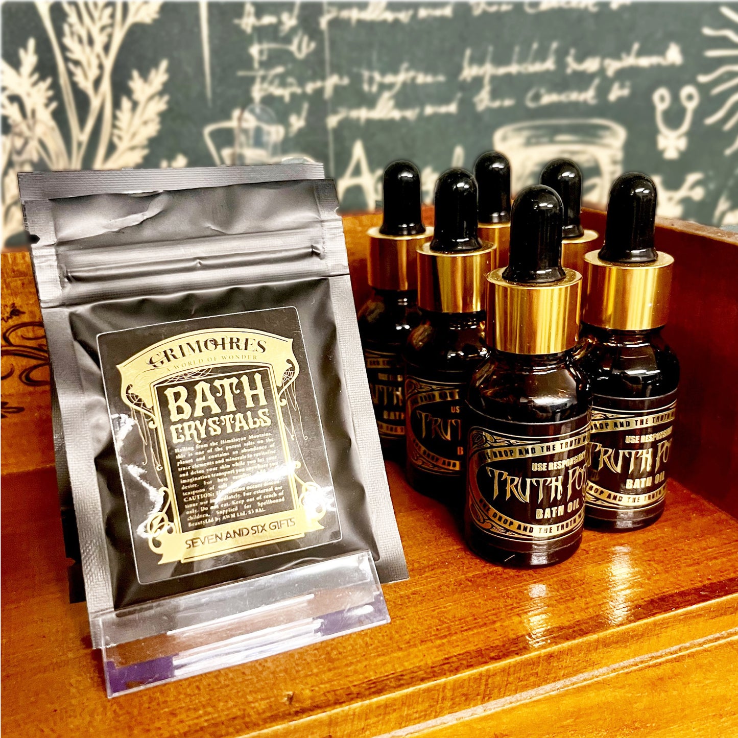 Fantasy truth potion bath oil in a mystical glass vial with sparkling bath crystals, part of the dragon egg bath bomb gift set for an epic magical soak
