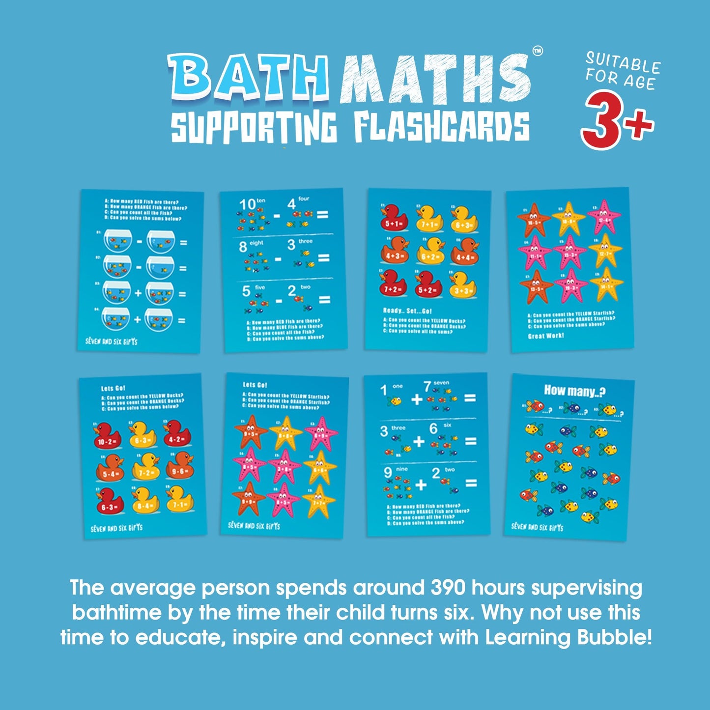 Bath maths flashcards with number games and simple sums for toddlers aged 3 and above to enjoy learning in the bath.