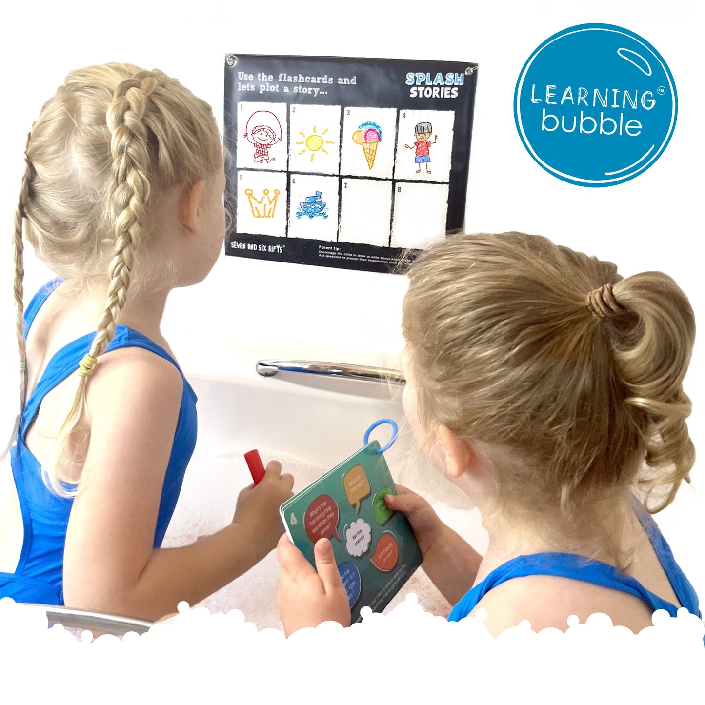 Children playing in the bath with Splash Stories water play activities, using educational flashcards and bath crayons for interactive learning.