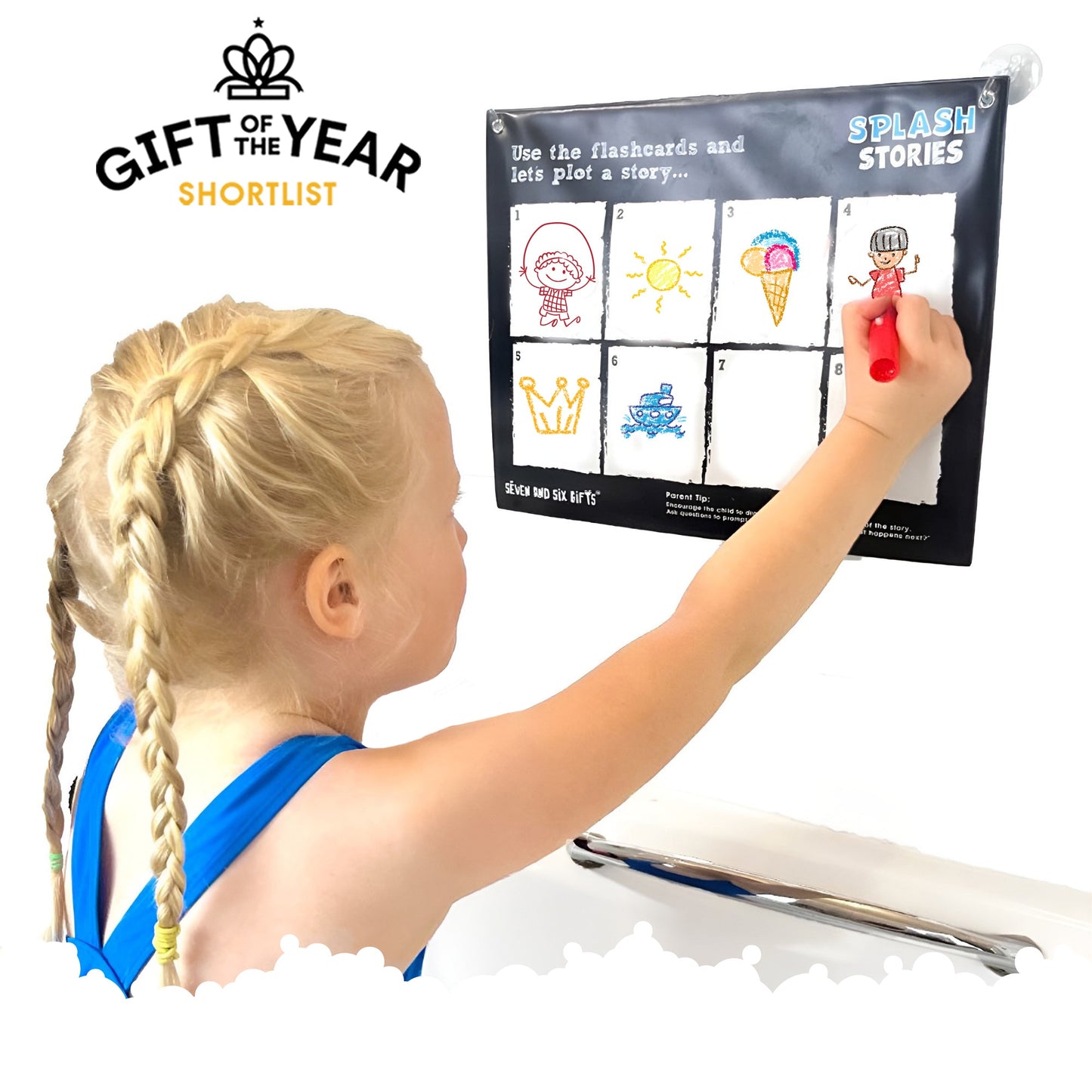 Children learning language, speech skills, and creative thinking with Splash Stories educational bath toys during interactive bath time activities.