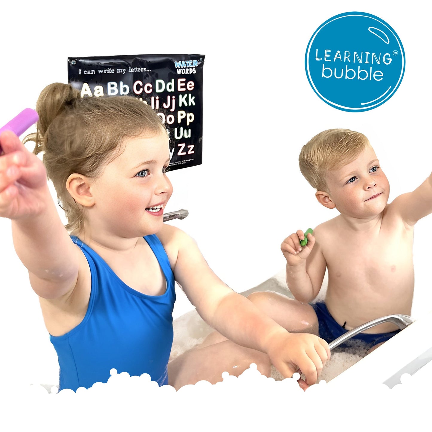 Children playing in a bathtub with educational bath toys and colourful bath crayons for interactive learning and fun.