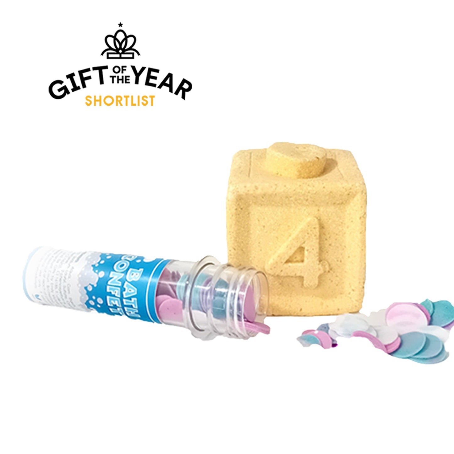 Educational bath bomb shaped like a maths number block with number confetti to make bath time learning fun