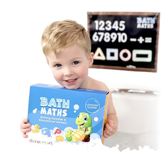 A boy playing with educational bath toys, practising maths and number games during bath time learning.