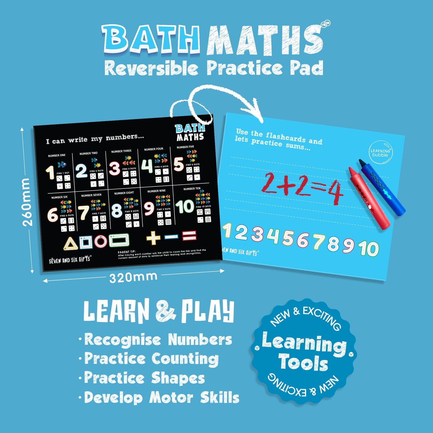 Interactive bath maths drawing board for toddlers to practice numbers and simple sums during bath time.