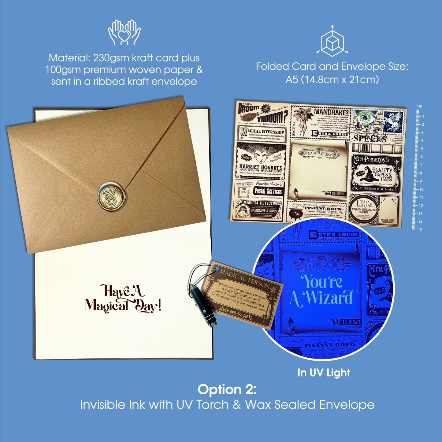 Magical greeting card for dad or husband with wizard newspaper design and hidden custom secret message