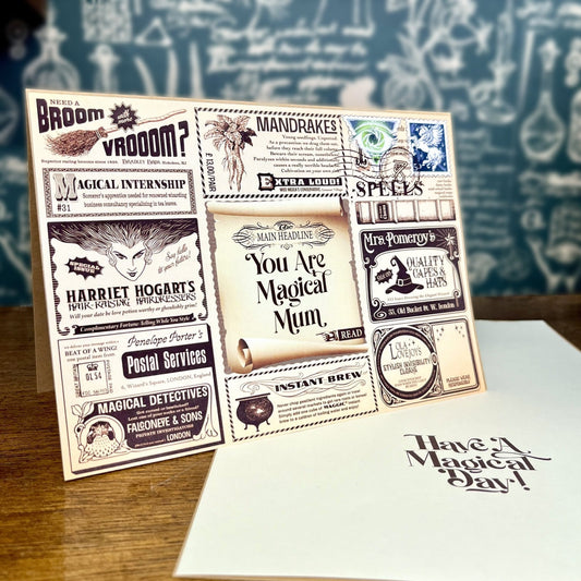 Magical Mum greeting card stood in a whimsical shop display with enchanting wizard-inspired decor.