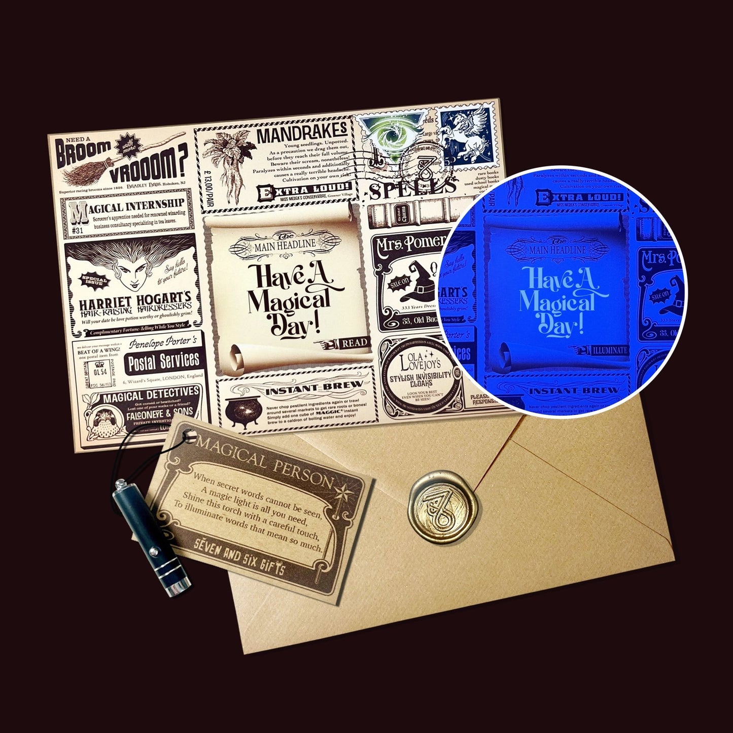 The most magical greeting card featuring a hidden custom secret message revealed with a UV wand