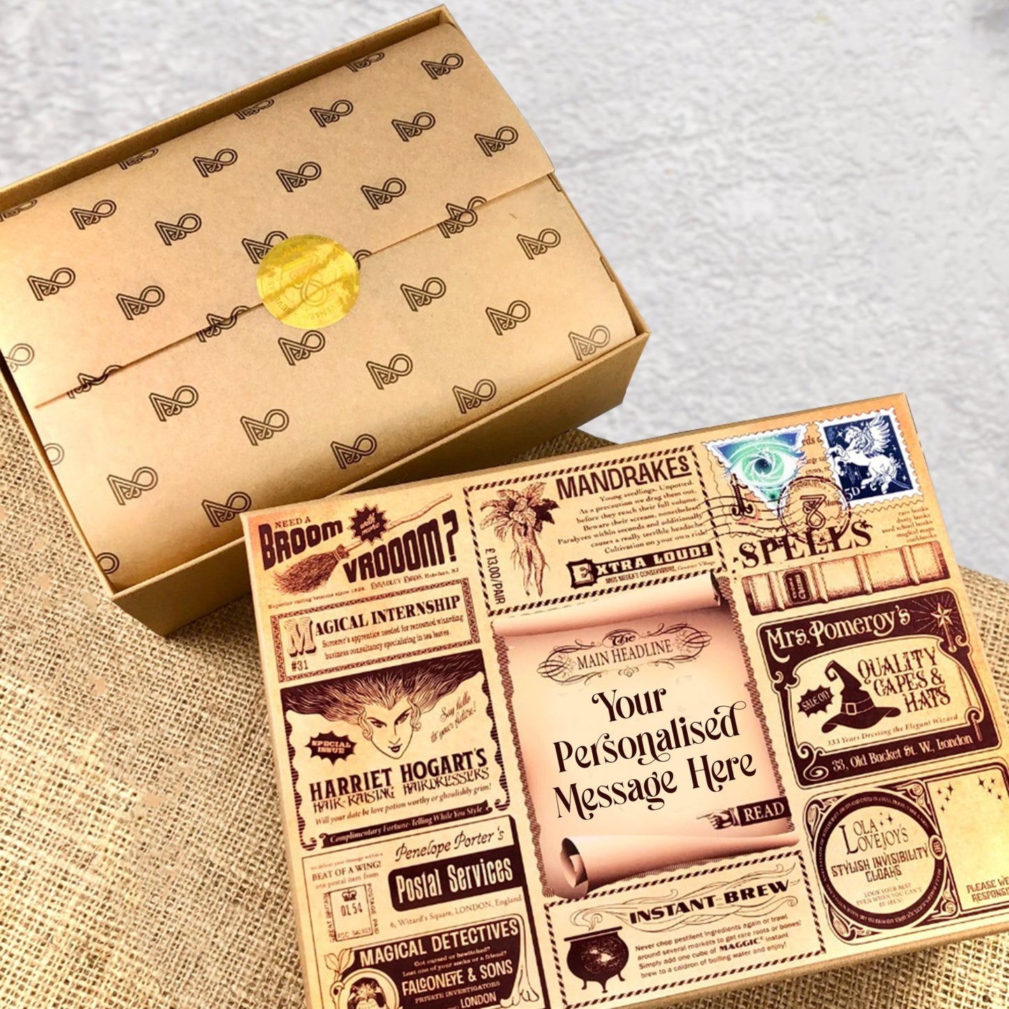 Personalised magical newspaper sweet treat gift box with a customised message and themed wrapping paper for witches and wizards