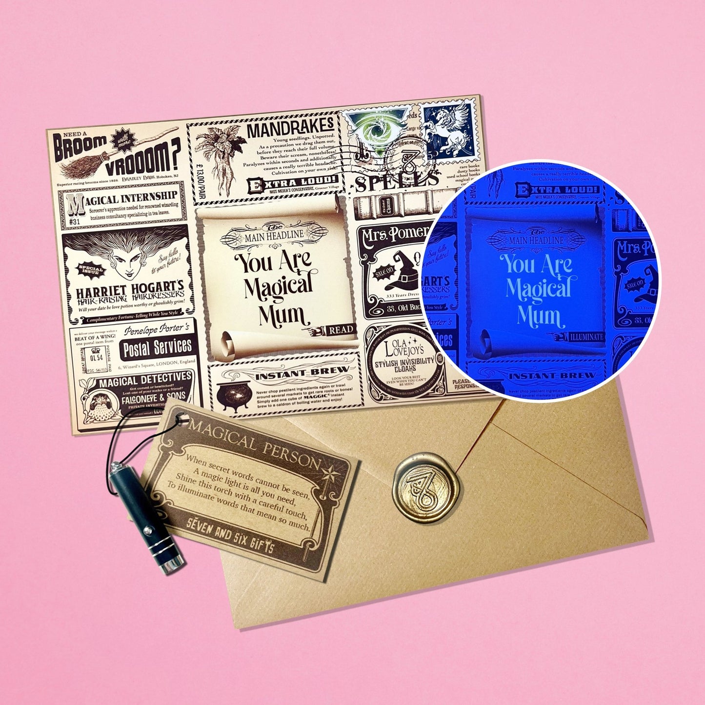 Special Mum greeting card with a magical invisible ink secret message inside, paired with a witch's wand for an enchanted touch