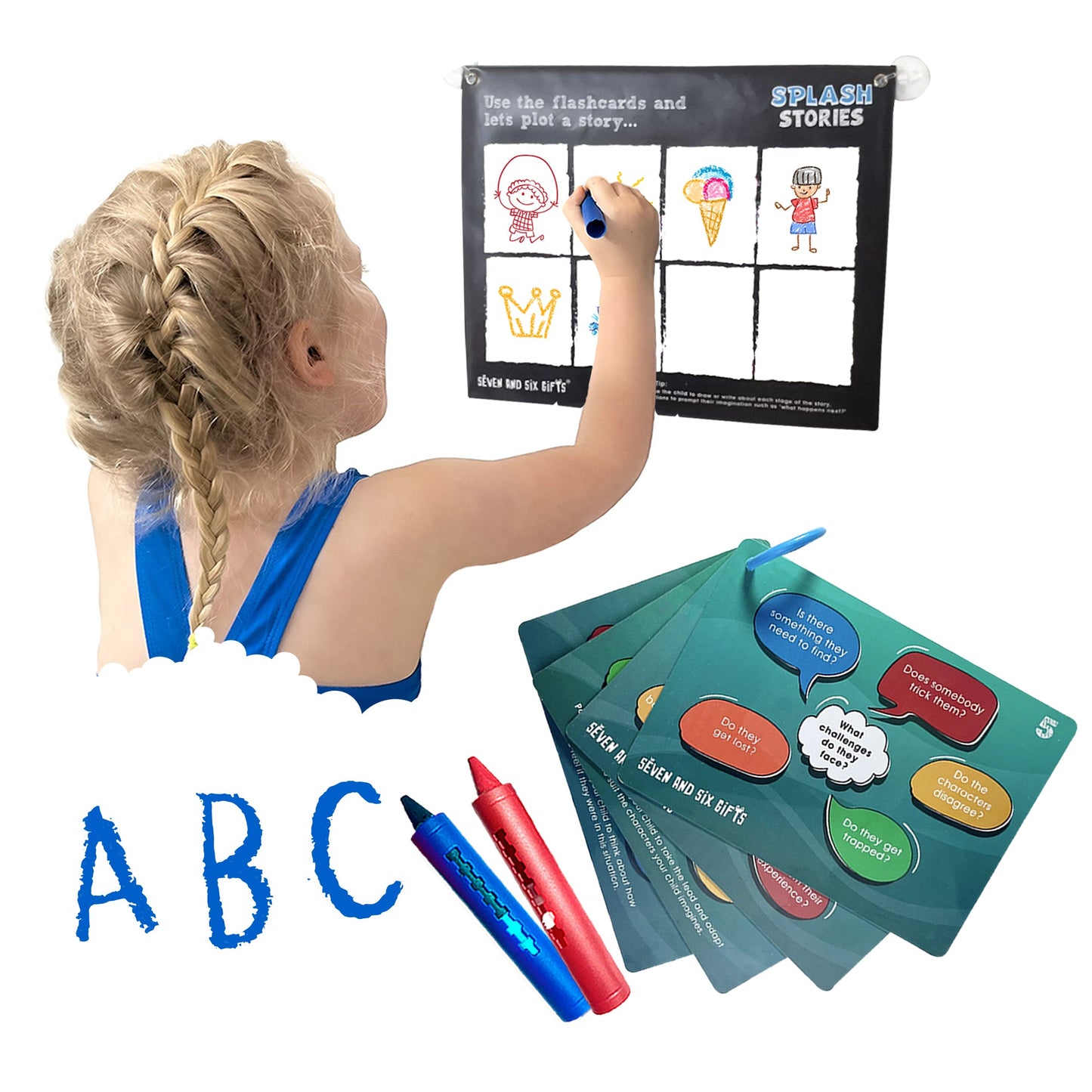 Splash Stories: Educational Bath Toys & Word Games - Learning Flashcards and Bath Crayons for Kids - Seven and Six Gifts