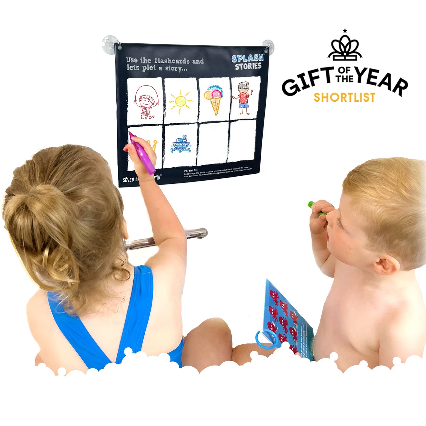 Splash Stories: Educational Bath Toys & Word Games - Learning Flashcards and Bath Crayons for Kids - Seven and Six Gifts