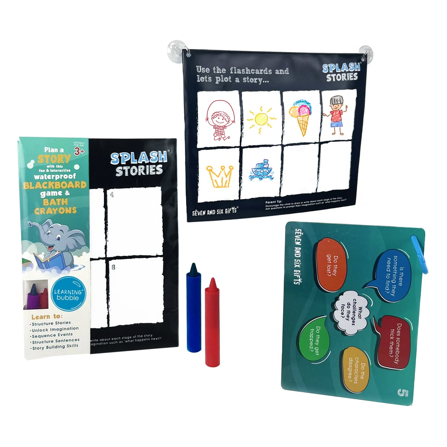 Splash Stories: Educational Bath Toys & Word Games - Learning Flashcards and Bath Crayons for Kids - Seven and Six Gifts