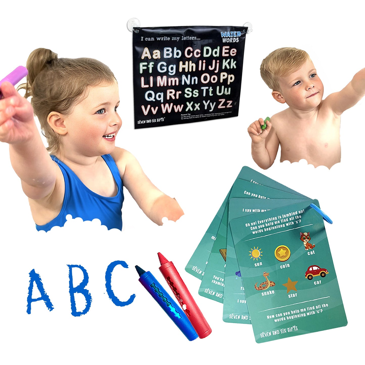 Water Words: Educational Bath Toys & Letter Games - Phonics Flash Cards and Alphabet Toys with Bath Crayons - Seven and Six Gifts