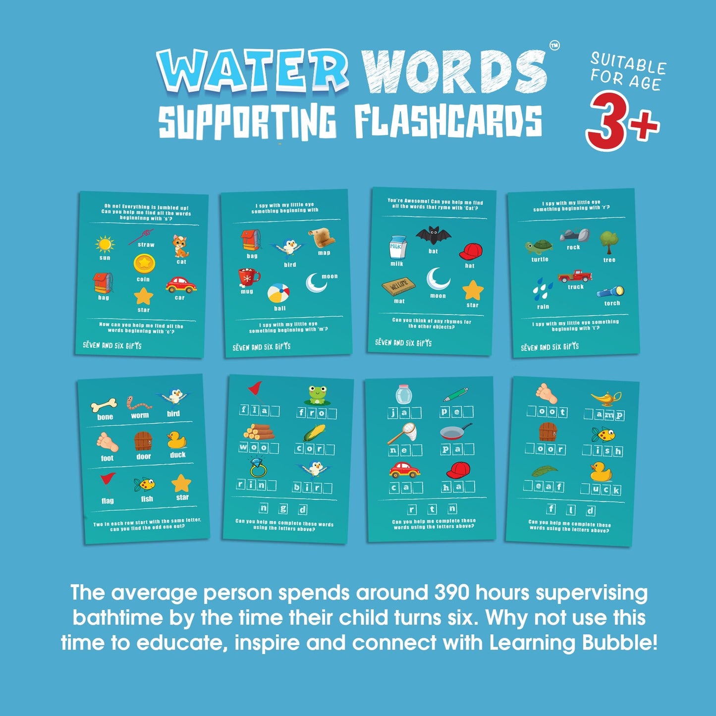 Water Words educational flashcards for toddlers to learn letters, words, and phonics in a fun and interactive bath activity.