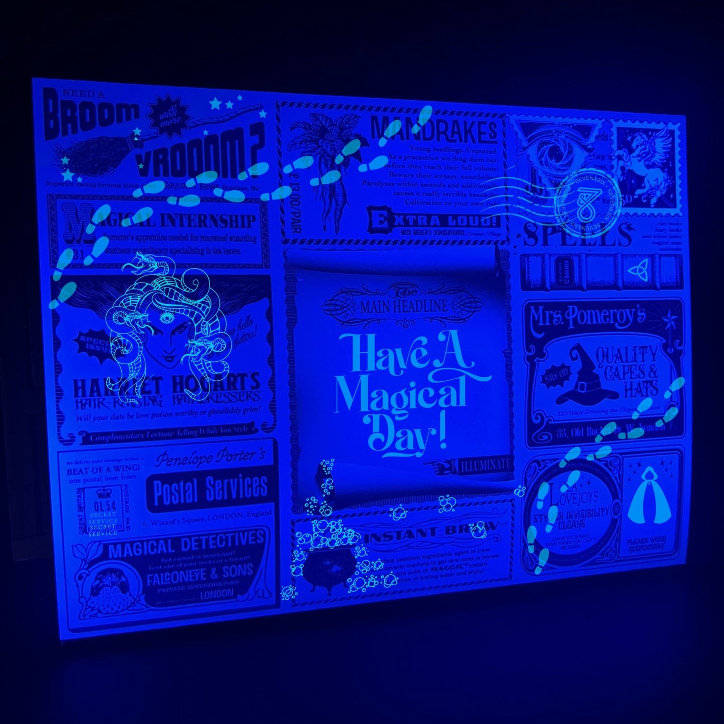 Witchcraft and Wizardry greeting card with a magical custom secret message revealed using a UV torch and magic wand