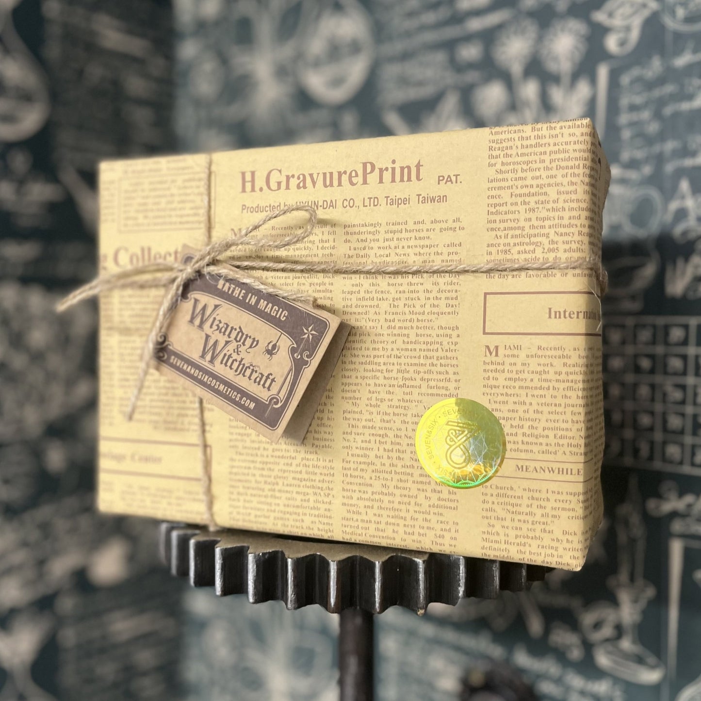 Magical shop displaying a witchcraft and Wizardry gift box with traditional gift wrap, string parcel, and gift card for wizards and witches