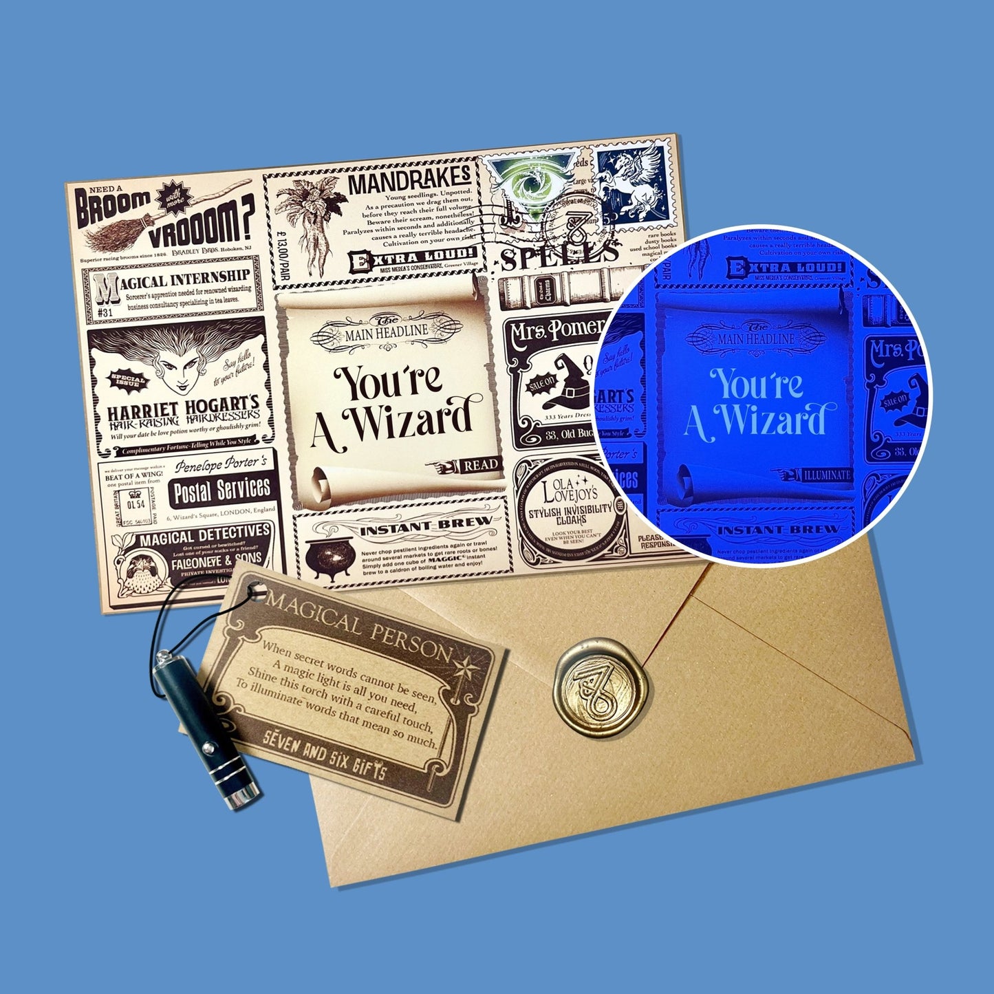 Wizard-themed birthday card featuring a hidden secret message revealed with a wizard wand, ideal for magical gift-giving