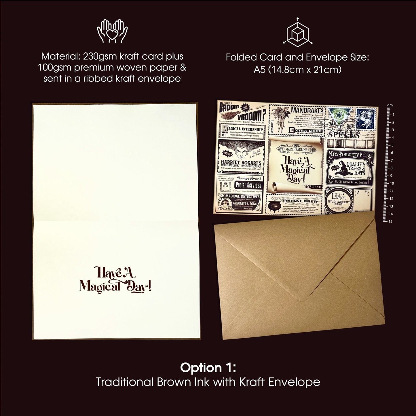 Wizard-themed Birthday or Christmas Card featuring magical newspaper print, paired with a traditional kraft envelope