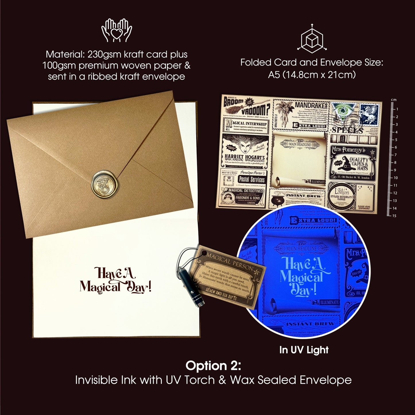 Wizard-themed greeting card featuring magical newspaper print, paired with a traditional kraft envelope and wax seal for a magical touch