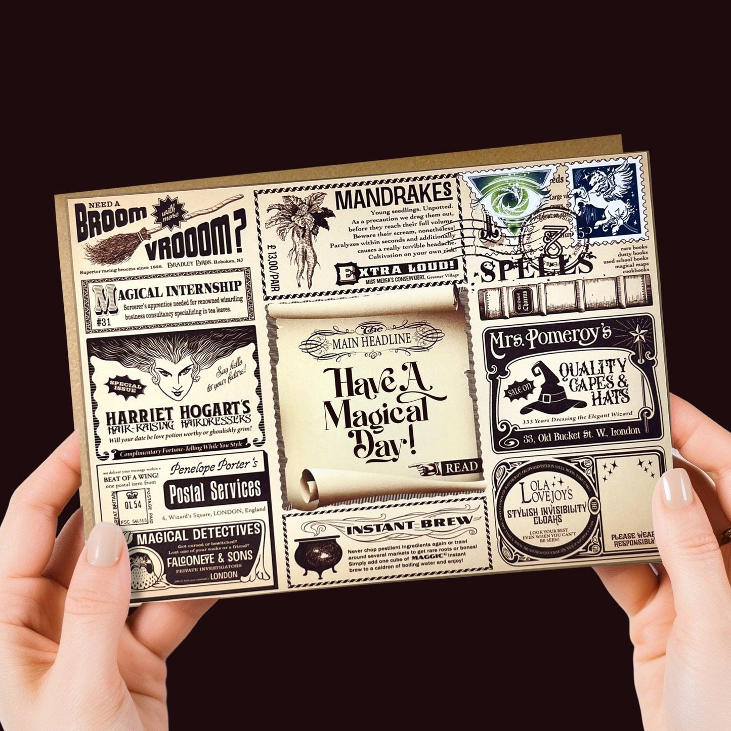 Front view of the Wizard & Witchy Birthday Greeting Card featuring vintage wizard design and magical newspaper-style artwork