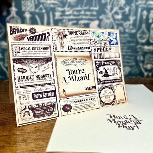 You’re a Wizard magical greeting card displayed in a a magical shop setting with fantasy wizard theme