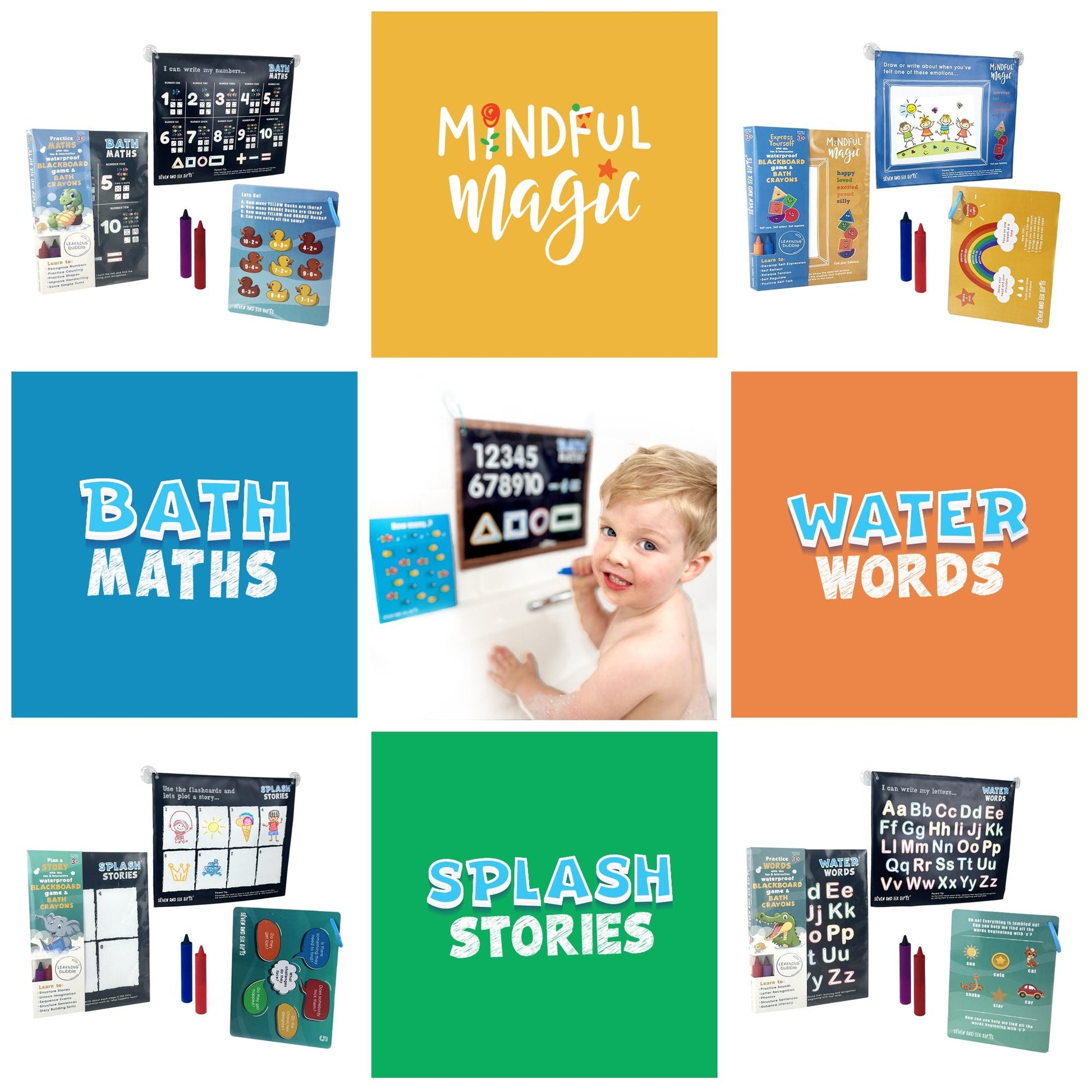 Children's bath learning toys from Learning Bubble for numbers, words, phonics, language, and emotional support in interactive play.
