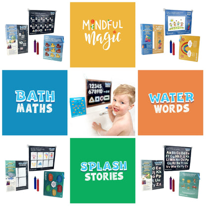 Children's bath learning toys from Learning Bubble for numbers, words, phonics, language, and emotional support in interactive play.