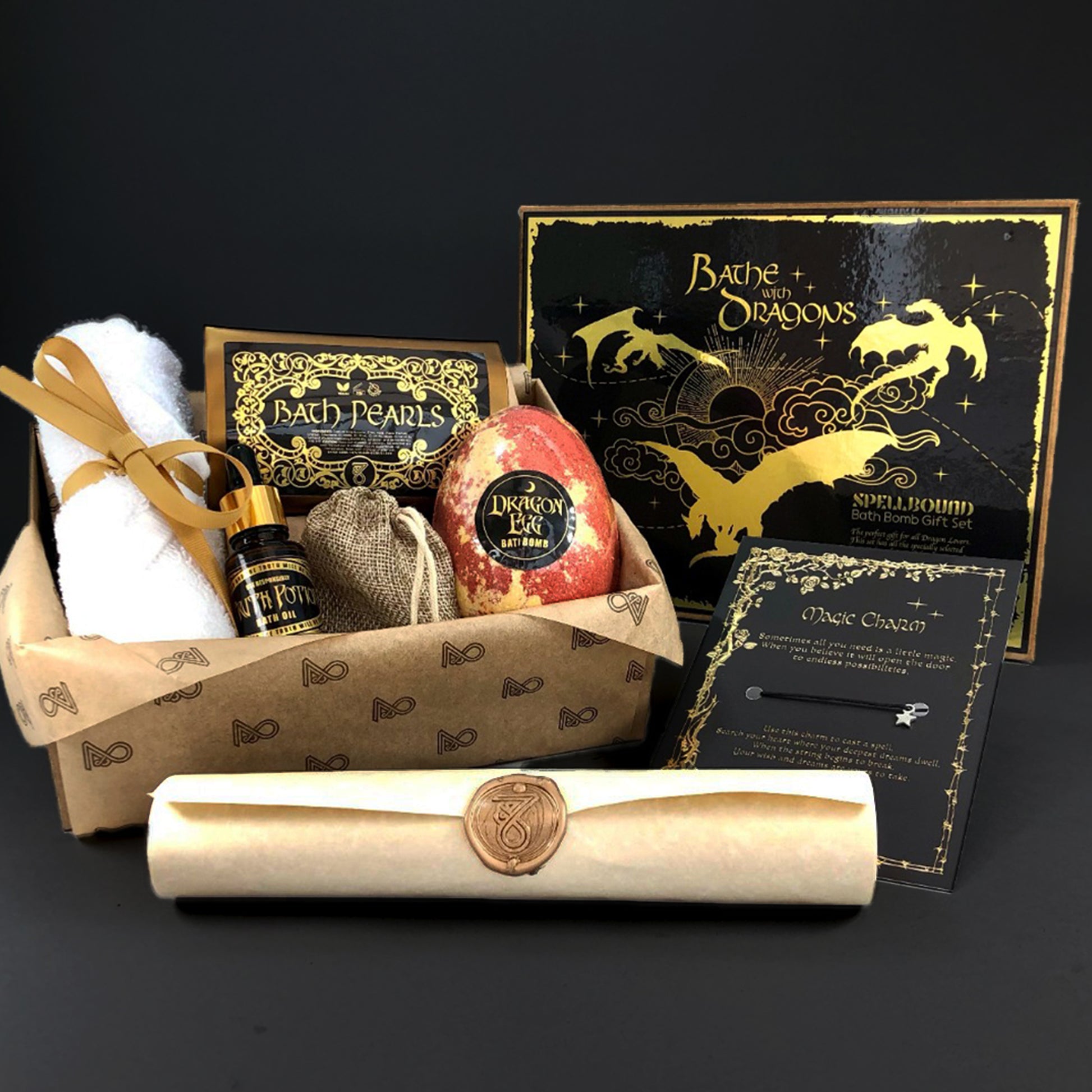 Dragon egg bath bomb fantasy gift set with shimmering bath bombs, mini bombs, crystals, and potion oil, perfect for dragon lovers and fantasy fans