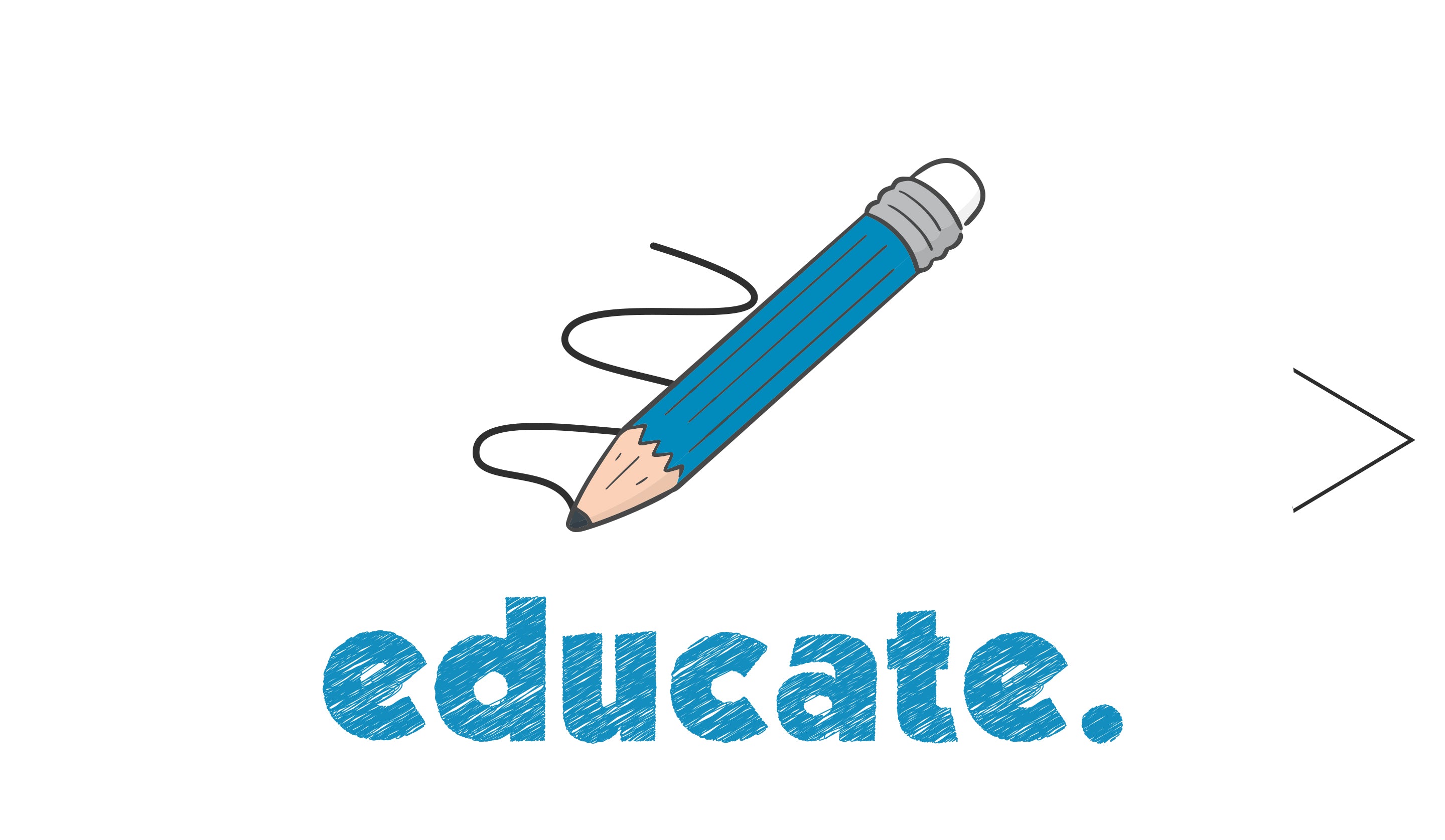 Blue pencil with a gray eraser on a white background, accompanied by the word 'educate.'