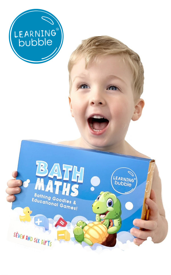 Child holding a 'Bath Maths' educational bath toys with Learning Bubble Educational Resources branding on a white background