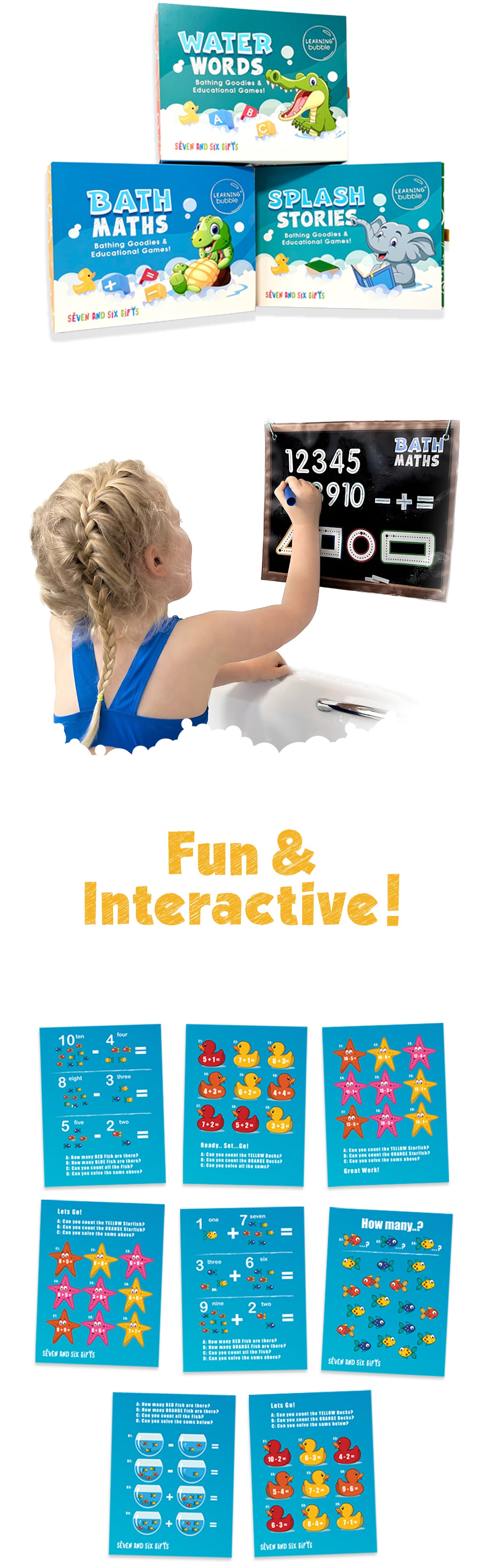 Child playing with educational bath toys and materials, including a chalkboard and colorful math flash cards.