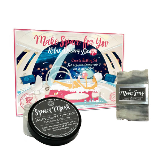 Space-themed pamper set featuring a face mask and artisan handmade soap, styled for a relaxing self-care experience