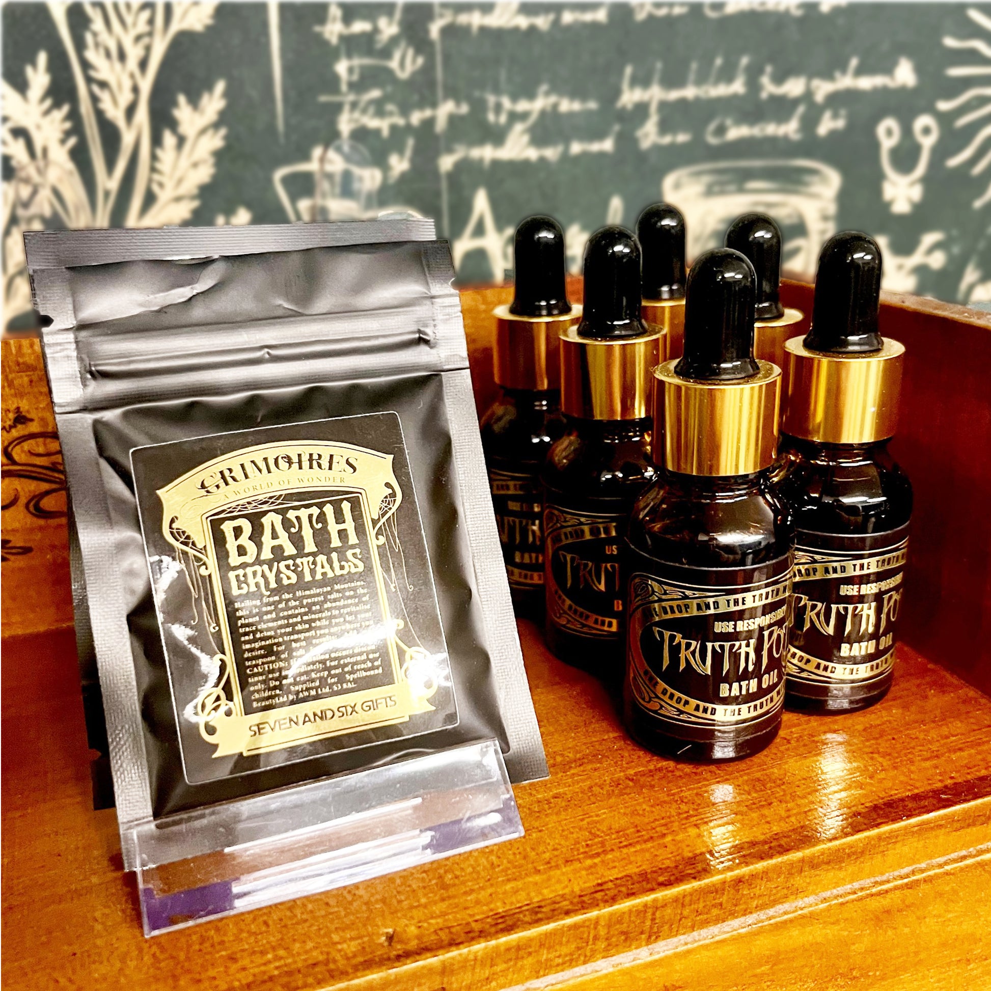 Fantasy truth potion bath oil in a mystical glass vial with sparkling bath crystals, part of the dragon egg bath bomb gift set for an epic magical soak