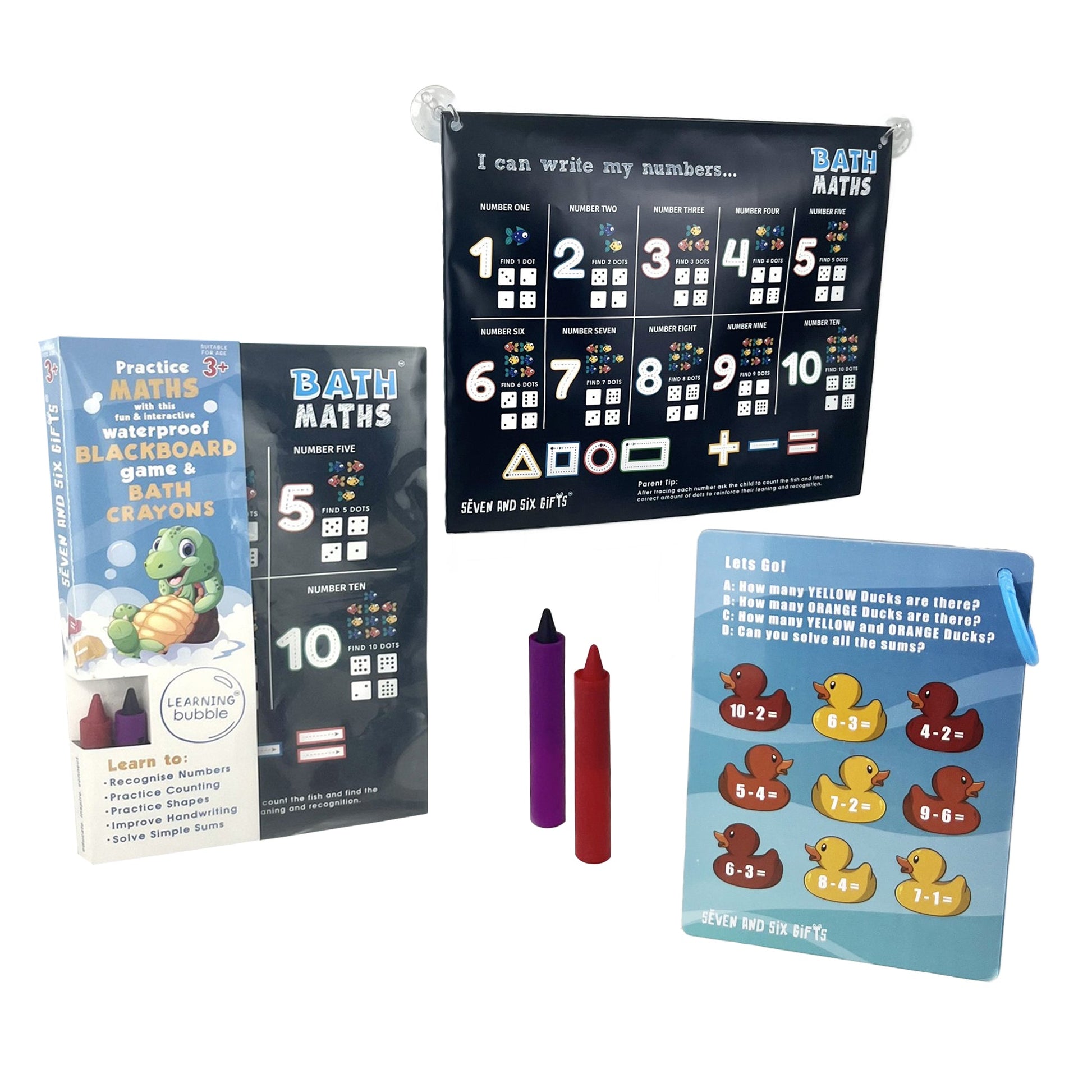 Bath Maths educational bath toys featuring number games and simple sums for fun and interactive bathtime learning.