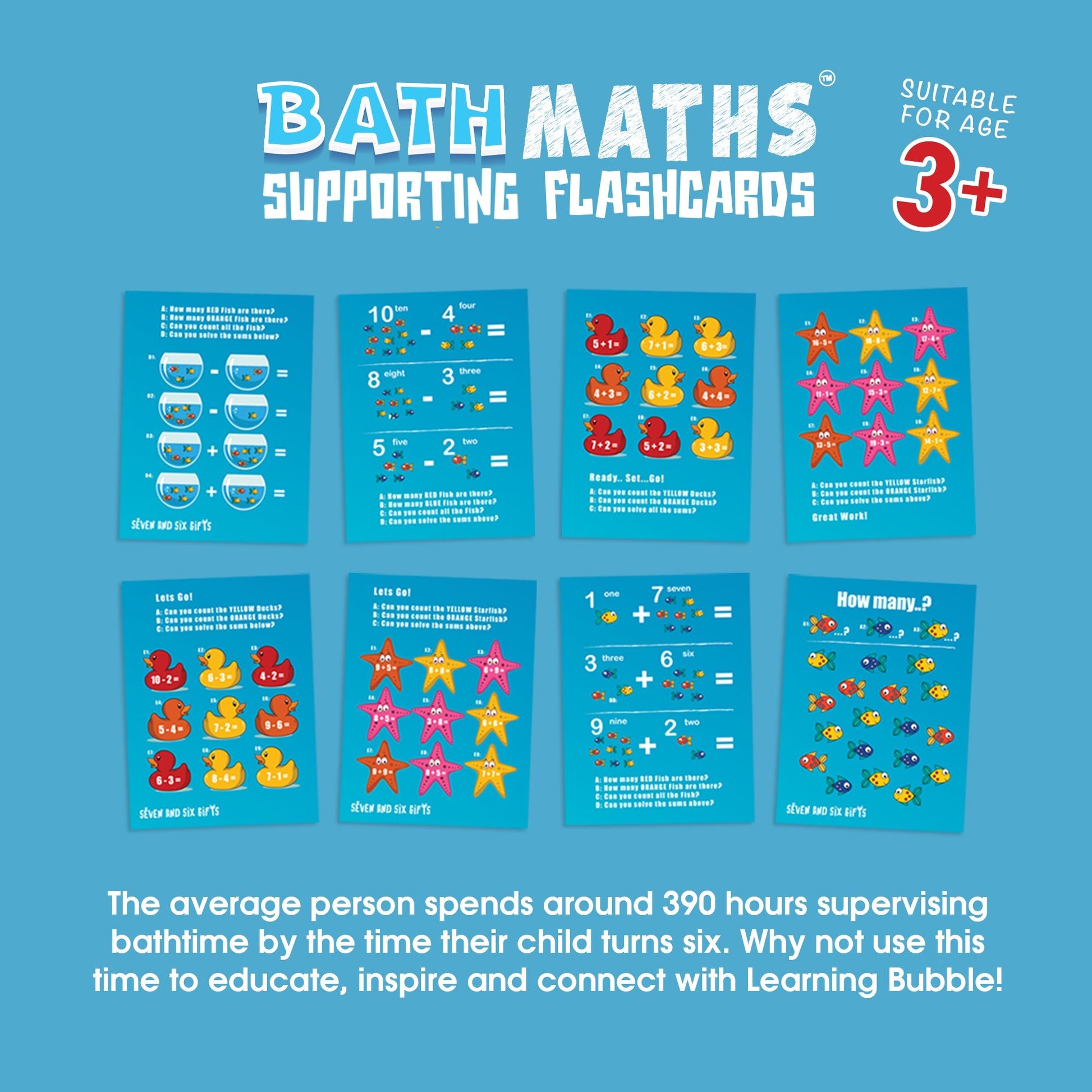 Bath Maths educational flashcards for toddlers to practice numbers and simple sums during fun and interactive bath time learning.