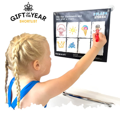 Children learning language, speech skills, and creative thinking with Splash Stories educational bath toys during interactive bath time activities.