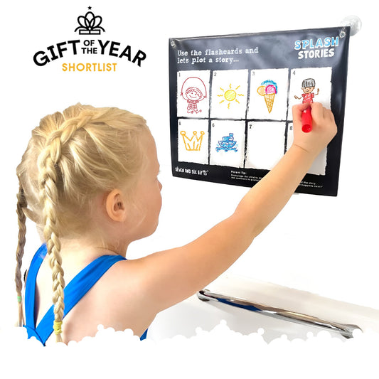 Children learning language, speech skills, and creative thinking with Splash Stories educational bath toys during interactive bath time activities.