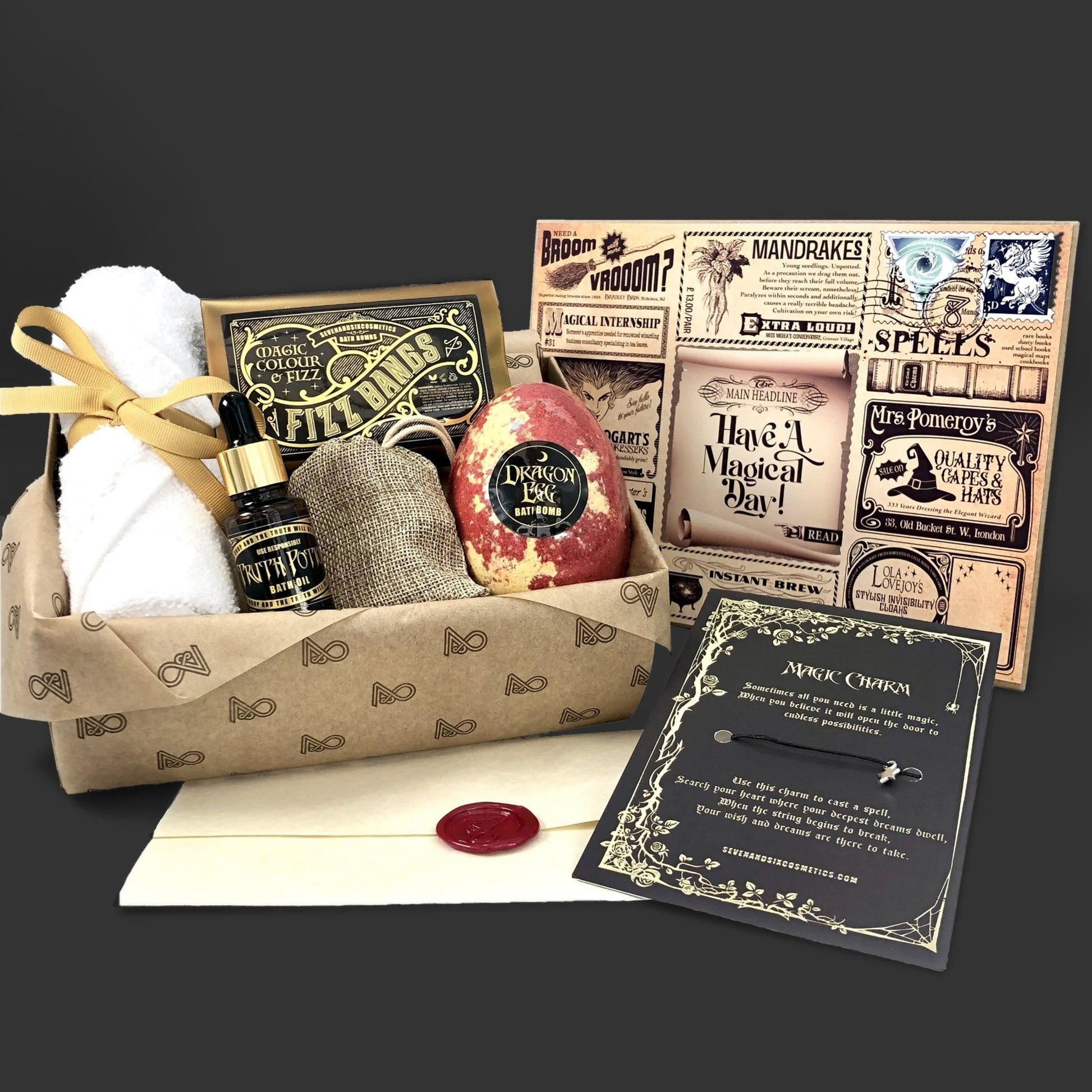 Full display of Dragon Egg Bath Bomb Gift Set featuring enchanted wizarding self-care items for a magical spa experience
