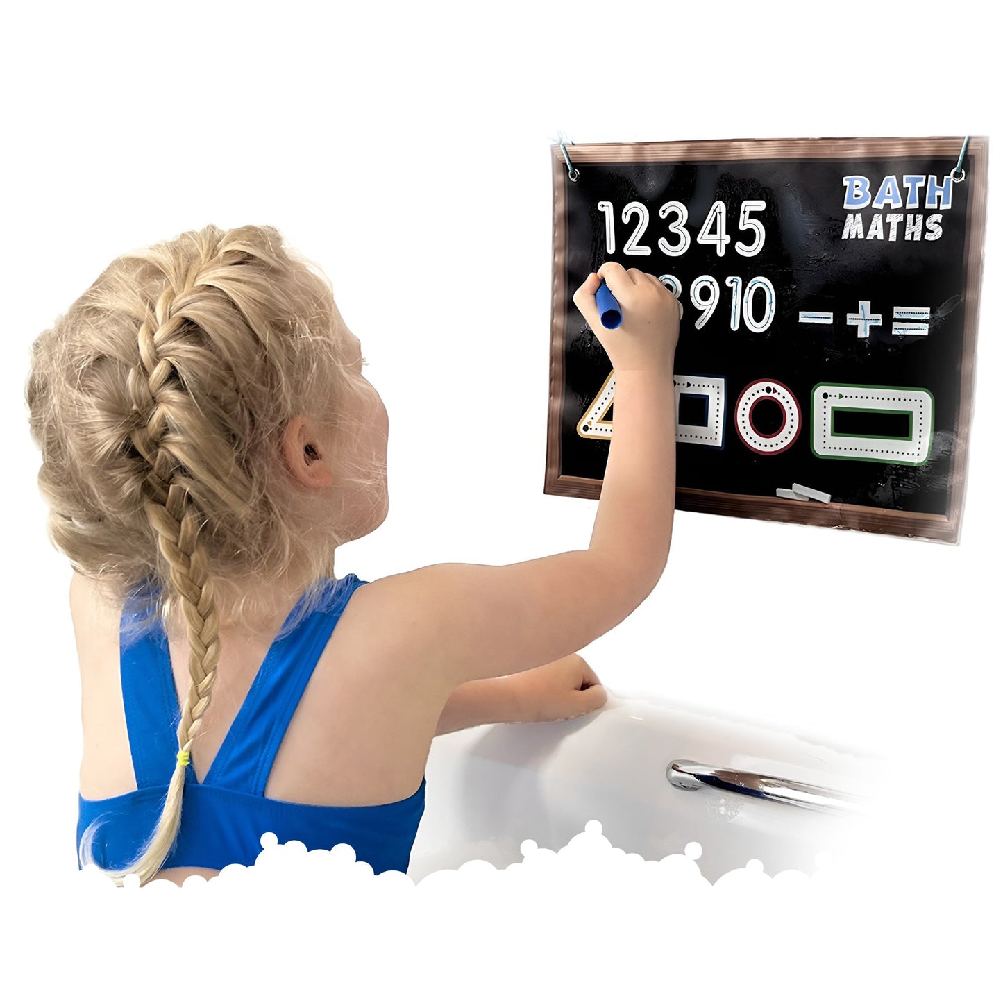 Child playing with educational bath toys, practising maths on a waterproof drawing board with bath crayons